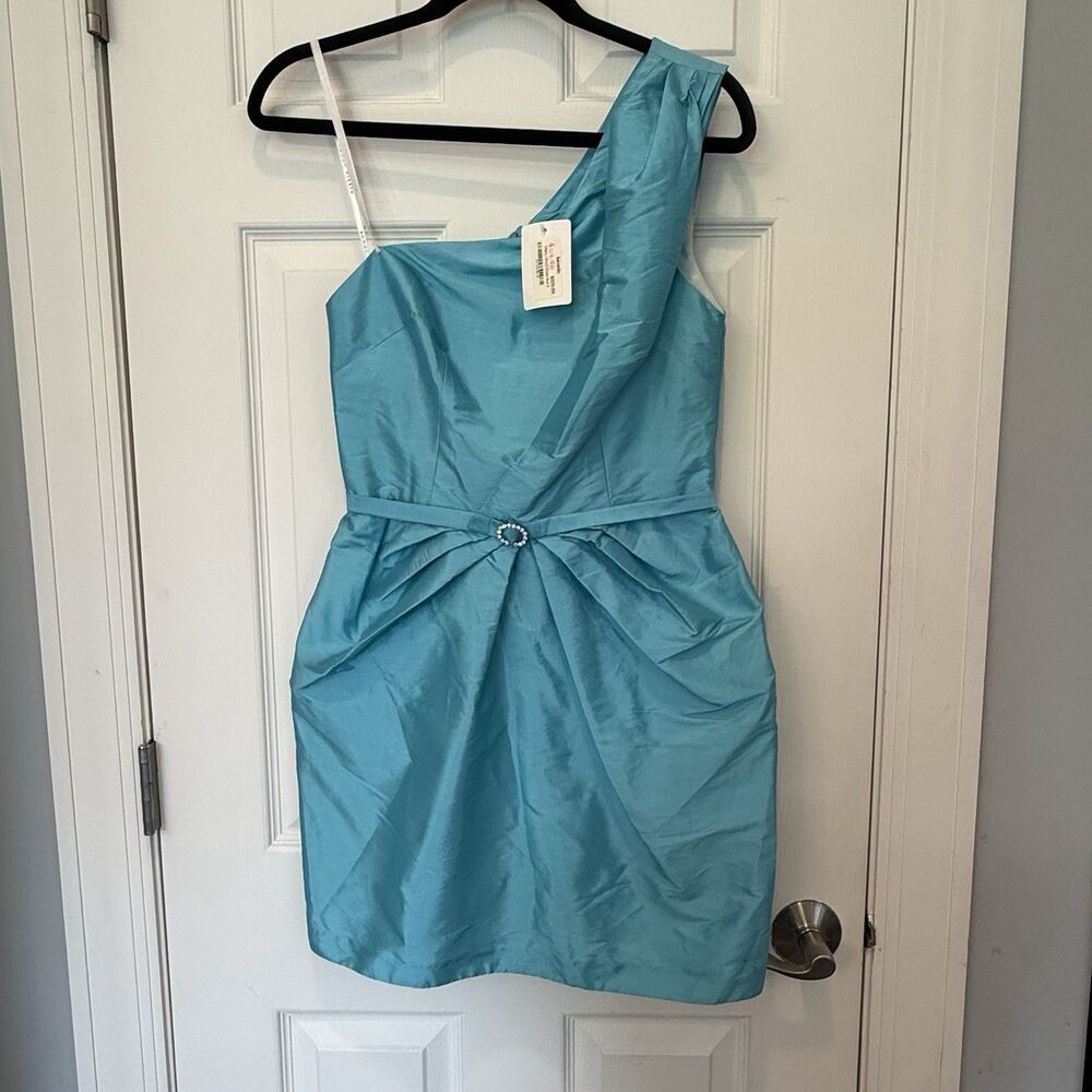 NWT Turquoise One Shoulder Taffeta Cocktail Dress Rhinestone Wedding Party Sz S